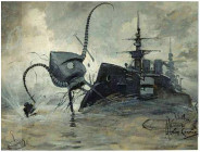 marťanský stroj vs HMS Thunder Child - ilustrácia k francúzskemu vydaniu z r. 1906 (ilustroval Henrique Alvim Corrêa)